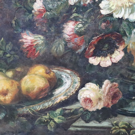 Image 1 of Stilleven, groot olieverfschilderij op doek, Italië, 19e eeuw