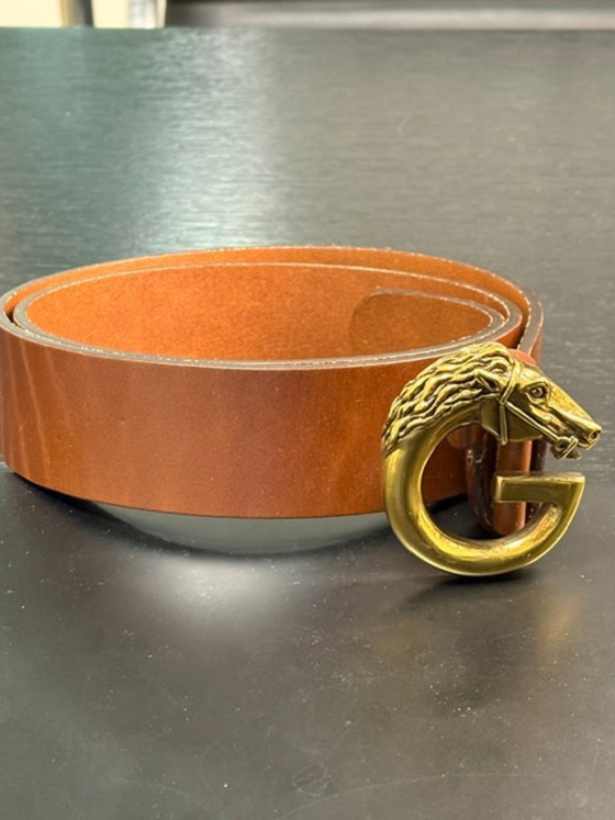 Cintura in pelle Gucci con fibbia a G a testa di cavallo, Portafogli & piccola pelletteria, Nylon, Marrone (foto 4 di 6)