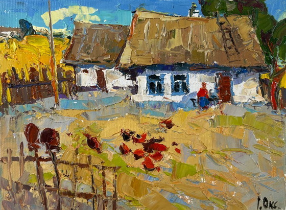 Image 1 of Original Oil Painting Village House Landscape A busy courtyard