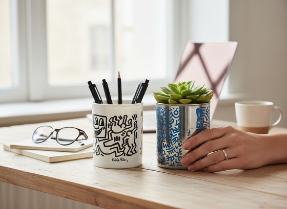 Image 1 of Dos jarrones firmados por Keith Haring - Cristal opalino - Estilo Pop Art