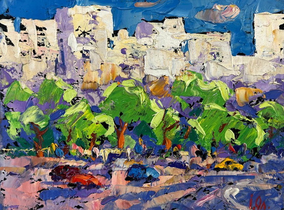 Image 1 of Original Oil Painting Summer Houses Landscape Big city lights