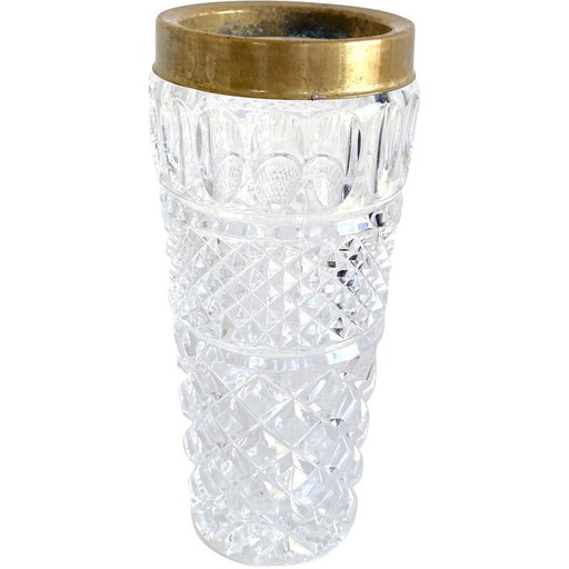 Vase vintage en cristal avec bord en laiton, années 1940