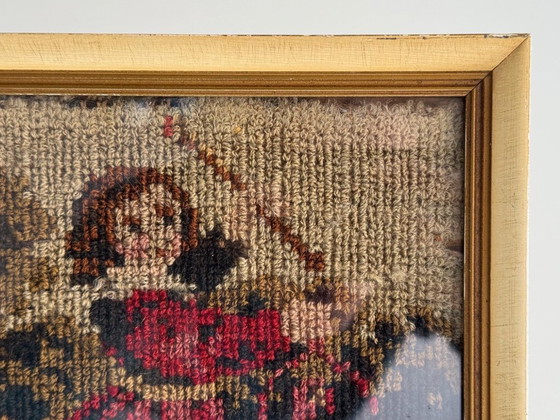 1x Antiek Ingelijst Borduurwerk Meisje Met Een Hond – Wanddecoratie, Glass, Textile (photo 3 of 9)