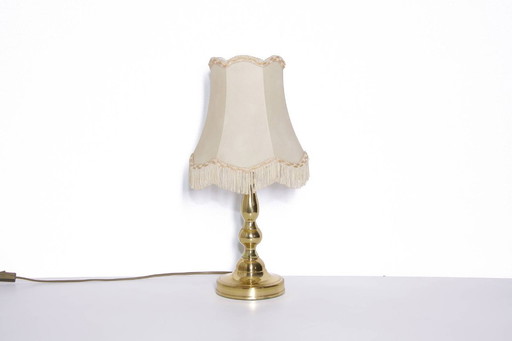 Tischlampe Messing Kunstleder Stoffbordüren Fransen 43cm 80er J Vintage