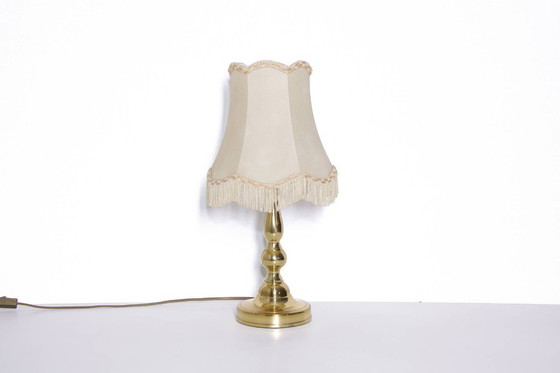 Image 1 of Tafellamp messing kunstleer stof randen franjes 43cm 80s vintage