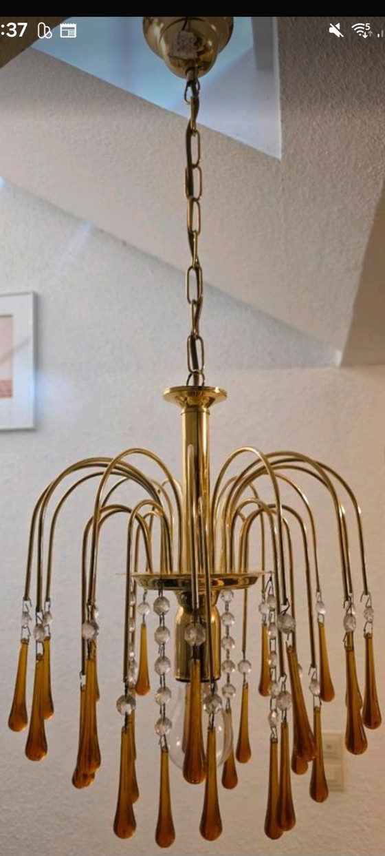EMME PI LIGHT Italian Vintage Cascade Chandelier – Amber Glass & Brass – 1980s – Metal (photo 8 of 8)