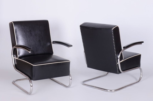 Paire de fauteuils Bauhaus restaurés, Mücke-Melder, cuir, chrome, tchèque, années 1930 – Leather, Metal
