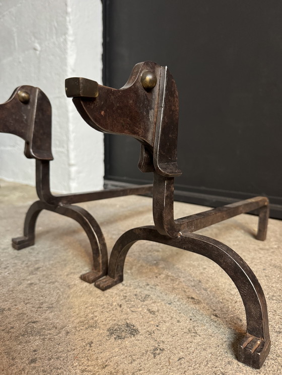 Image 1 of Wrought iron and bronze andirons by Édouard Schenck, 1950s