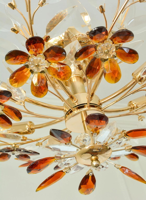Large Amber Crystal Flower Chandelier, Maison Baguès Style, 8-Light, 1970s – Glass, Mid Century Modern (photo 6 of 10)