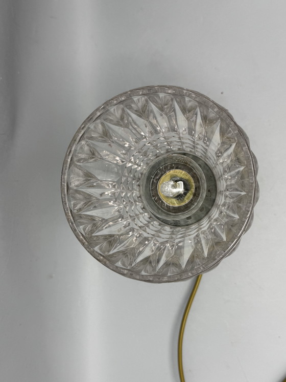 Image 1 of Mid-Century Table Lamp with Cut Glass Shade and Wooden Base – Vintage Design Lighting