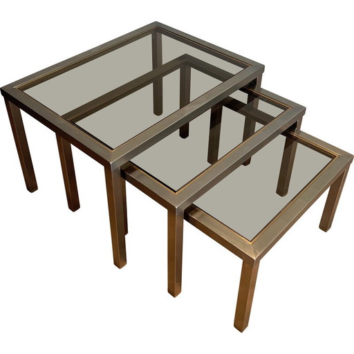 Vintage-Nesting-Tische aus gebürstetem Stahl und Messing, Frankreich 1970