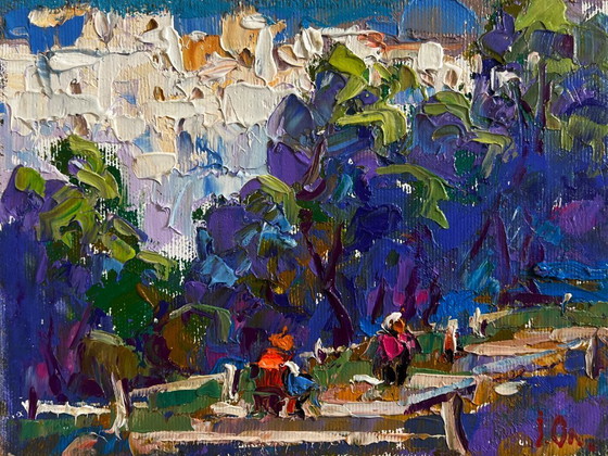 Image 1 of Original Oil Painting Summer City Landscape A walk through the city park