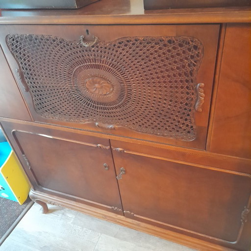 Vintage wooden drinks cabinet with pull-out and mirror