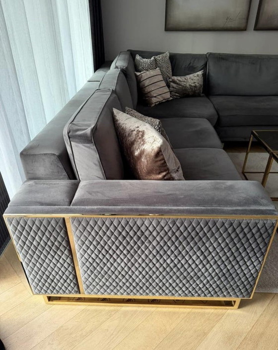 Image 1 of Luxe velvet hoekbank antraciet met gouden details