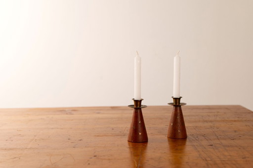 2x Vintage Small teak and brass triangle inlay candle sticks