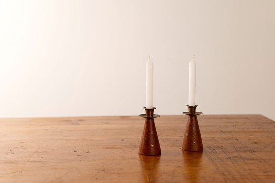 Image 1 of 2x Vintage Small teak and brass triangle inlay candle sticks