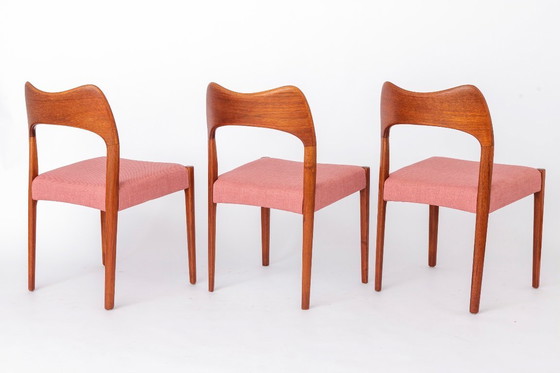 Image 1 of Set of 4 Arne Hovmand-Olsen Chairs for Mogens Kold, Danish Mid Century Teak Dining Chairs 1950s, Pink Upholstery