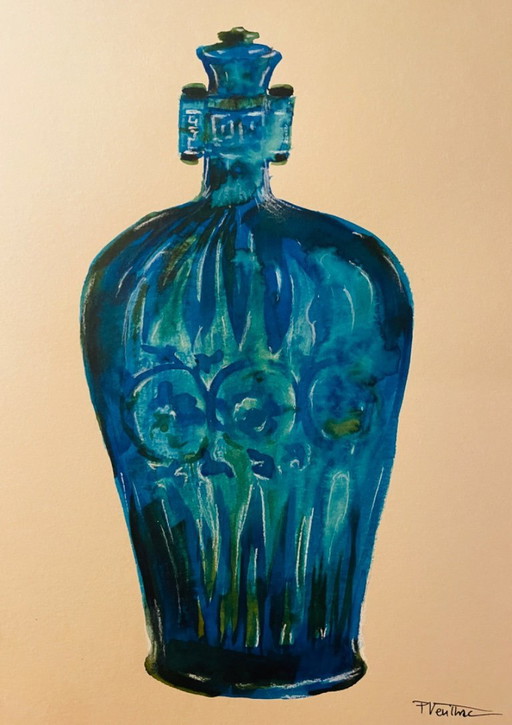 Watercolor and ink painting Wabi Sabi vase Asia collection