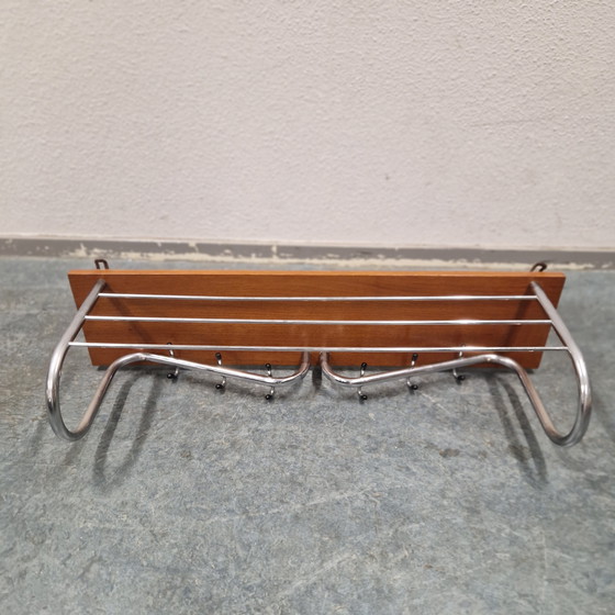 Image 1 of Teak coat rack 1960s vintage wall coat rack chrome coat rack