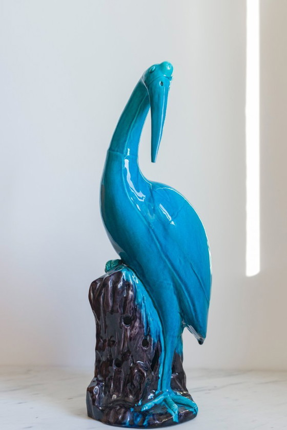 Image 1 of Squisita statuetta di gru cinese smaltata di turchese - un tesoro senza tempo