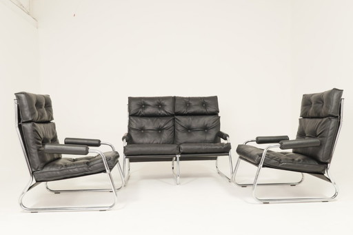 Canapé Bauhaus 2+2 en cuir et chrome. 1974 Gillis Lundgren pour Ikea, état d'origine