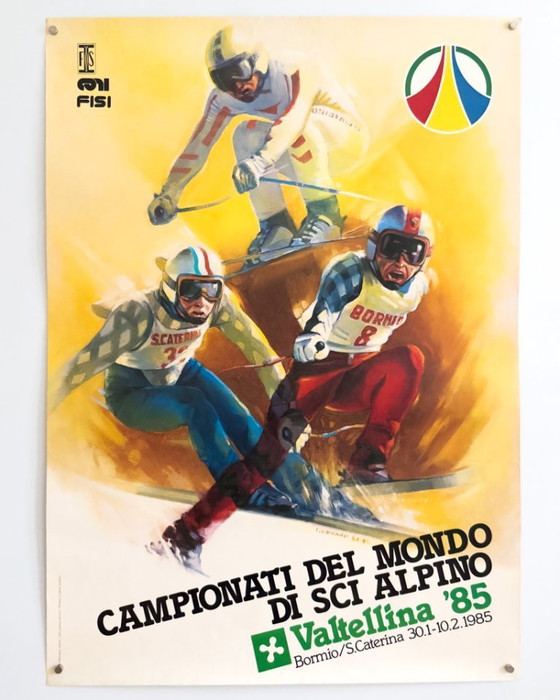 Image 1 of Campionati del Mondo di Sci Alpino Valtellina '85 – 1984 – Cartel original de Elvio Mainardi – 87 × 63 cm 