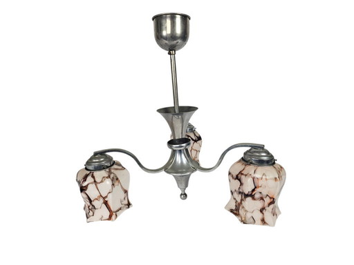 Design olandese - stile Gispen - lampada a sospensione - ottone - vetro marmorizzato - Art Déco - anni '30