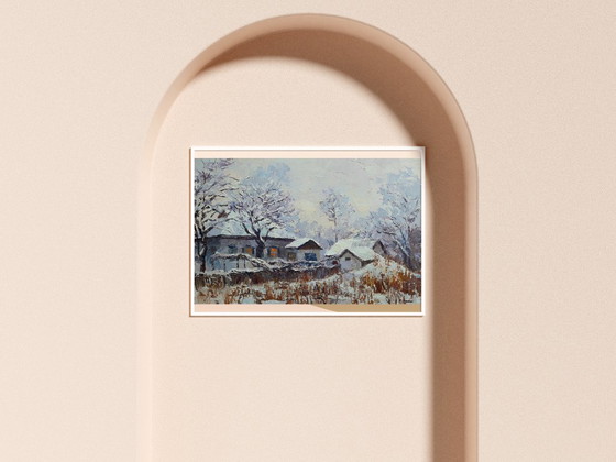 Origineel Olieverfschilderij Landelijk Landschap Dorpshuis Winteravond – Schilderijen & Tekeningen, Canvas (photo 2 of 8)