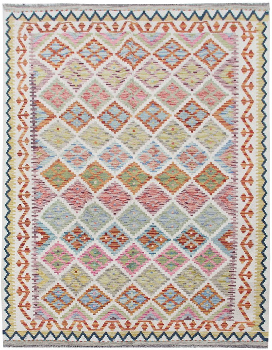 Image 1 of Kilim afghan tissé à la main - 198 x 154 cm - Nouveau & 100% laine - Motifs de losanges multicolores