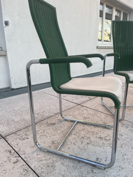 Image 1 of Tecta cantilever chair in fresh green with armrests and white seat cushions, design by Axel Buchhäuser