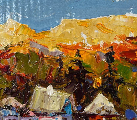 Image 1 of Original Oil Painting Evening Village Landscape The sun is setting