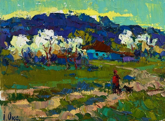 Image 1 of Original Oil Painting Summer House Landscape Beyond the village the path to freedom