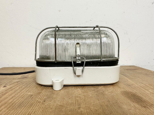 Industrial White Porcelain Cage Wall Light with Ribbed Glass, 1970s