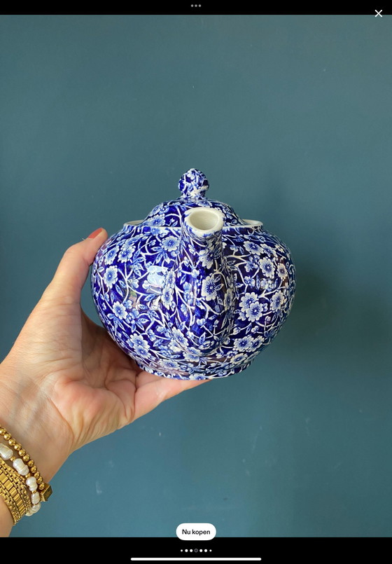 Image 1 of Set van 4 kop en schotels + theepot Calico Burleign cobalt blauw