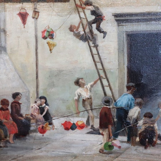Image 1 of Oil Painting on Canvas, Children Playing, Italy 19th Century