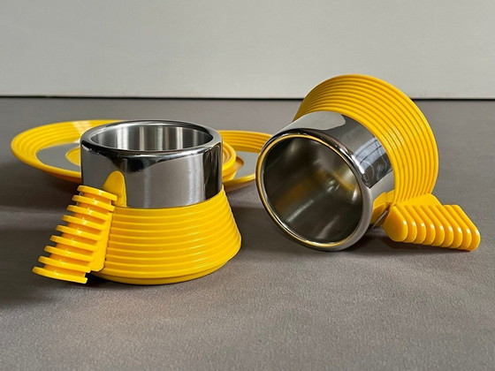 Image 1 of Service à café expresso Carlo Giannini des années 1970, modèle "Star Trek Enterprise". Acier inoxydable et polyamide jaune. Rare