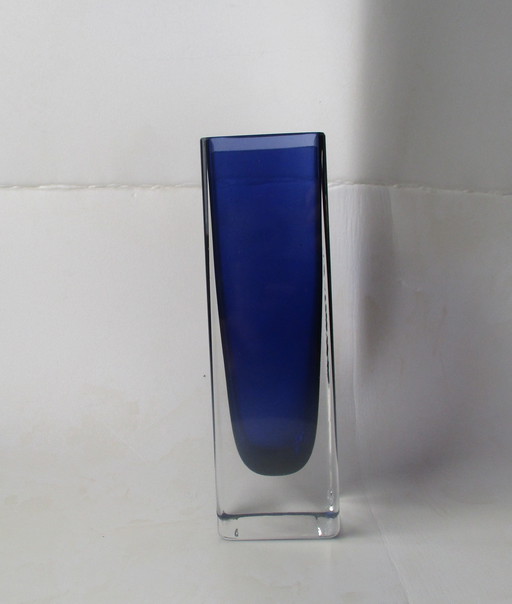 Murano Vierkante Blokvaas, Blauw Met Transparant, Italië