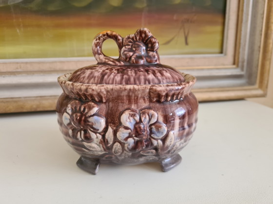Zuccheriera in ceramica Torhout Art Nouveau ca. 1900 / Sucrier ancien en poterie de Torhout, Maes (photo 2 of 8)