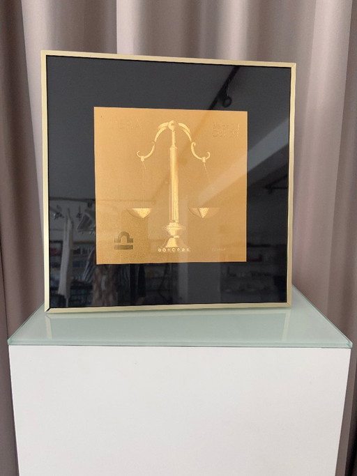 Cuadro decorativo vintage Goldgrafik Libra del zodíaco de R. Kraman | Impresión en relieve dorado | Marco de metal