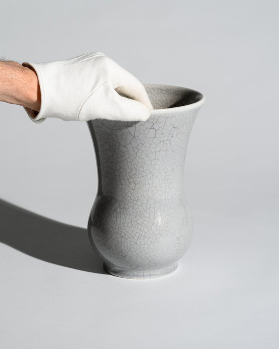 Image 1 of German Art Deco Crackle Glaze Ceramic Vase Duo Fürst Adolf Werkstätten Bückeburg