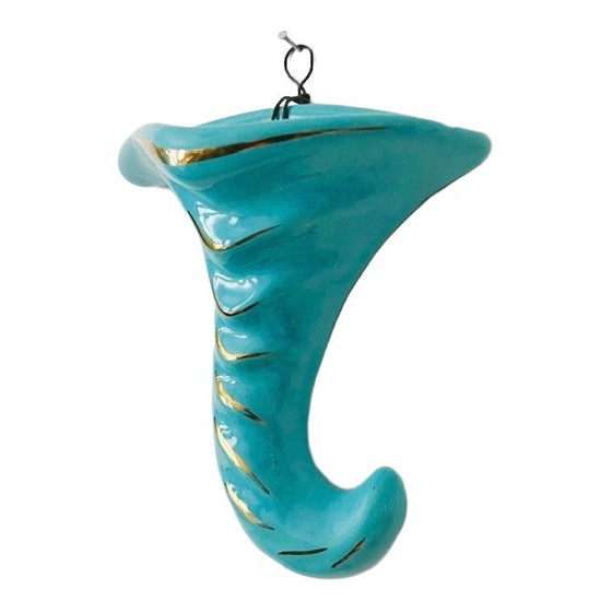 Image 1 of Vaso da parete vintage in ceramica di metà secolo, a forma di corno, turchese, anni '60