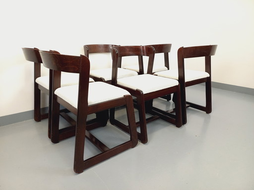 Suite van 6 vintage Italiaanse sledestoelen van Willy Rizzo voor Mario Sabot in hout en bouclette stof uit de jaren 70