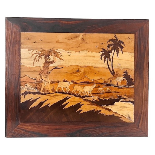 Vintage Native American wood inlay landscape shepherd village life marquetry 45 cm 1940s