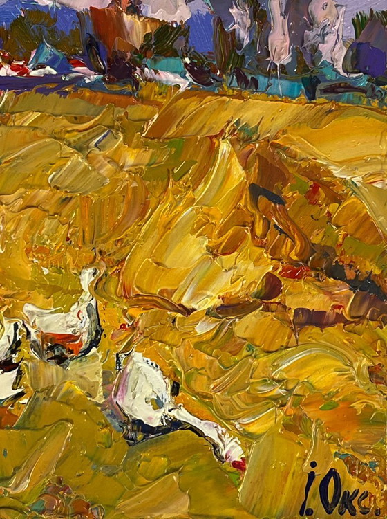Image 1 of Peinture à l'huile originale, paysage rural, oies, vie à la campagne, promenade d'automne dans le village