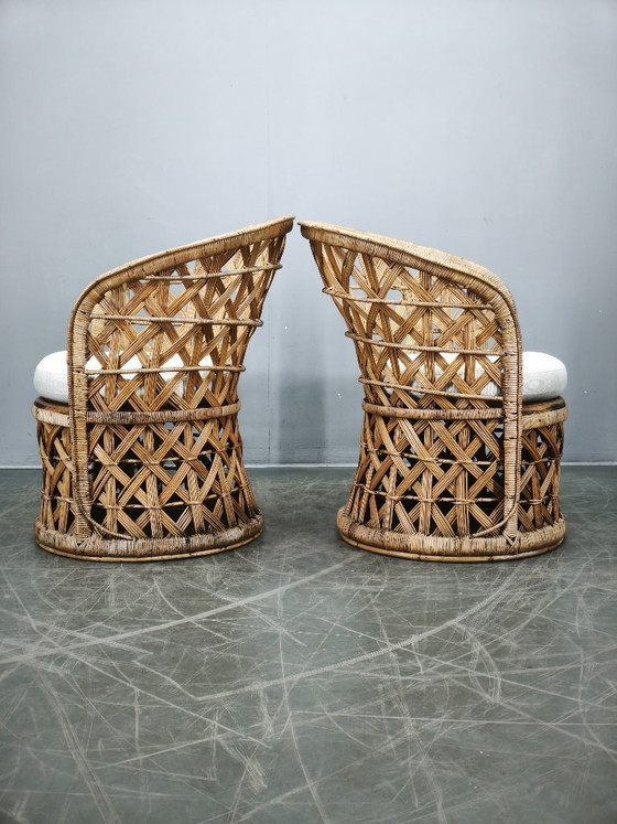 Image 1 of Een paar Italiaanse bamboe- en rotanfauteuils, jaren 60.