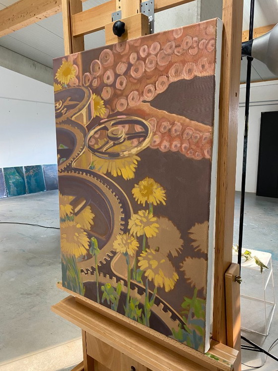 Image 1 of Zahnräder und Oktopus, Öl auf Leinwand, 100 x 70 cm, Sandra Kolondam