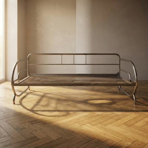 Cadre de lit de jour vintage en acier tubulaire chromé, milieu du XXe siècle, Tchécoslovaquie, 194 × 80 × 72 cm – slaapbanken