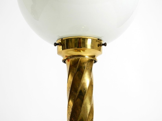 Image 1 of Large 1960s brass column-style table lamp with frosted glass globe