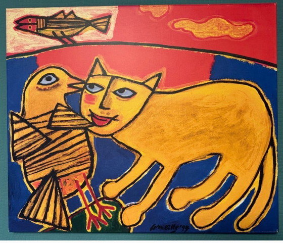 Cat, bird and fish, Art Prints, Canvas, Wood, Yellow, Modern (photo 2 of 6)