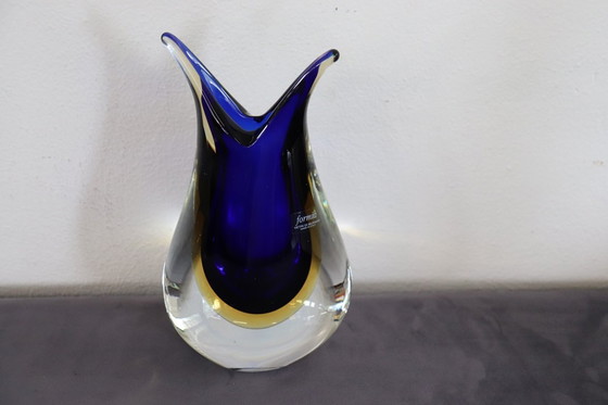Image 1 of Vase en verre de Murano bleu et jaune par Formia, années 1970
